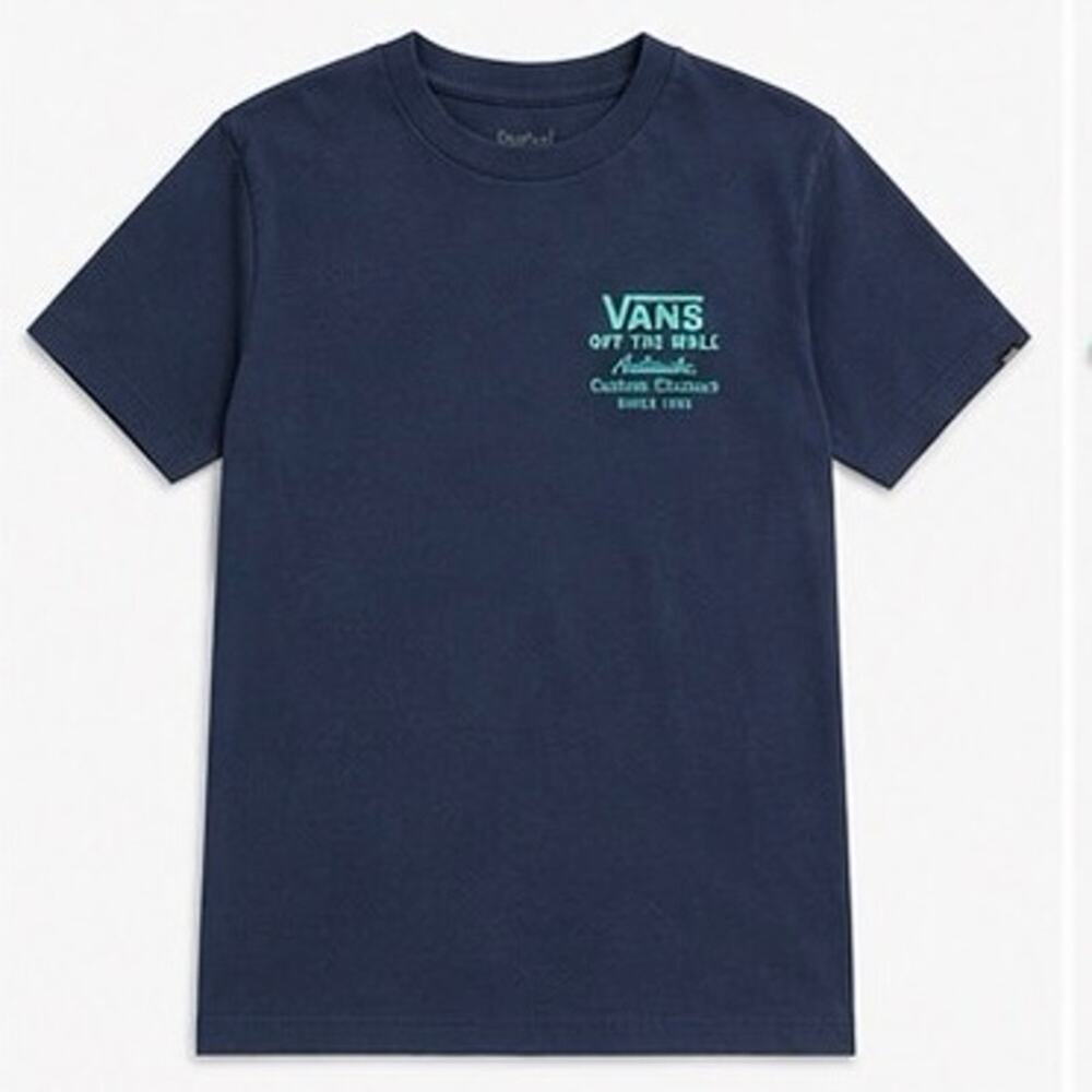 Vans Men's Blue Graphic Tee with Green Logo - Size Small